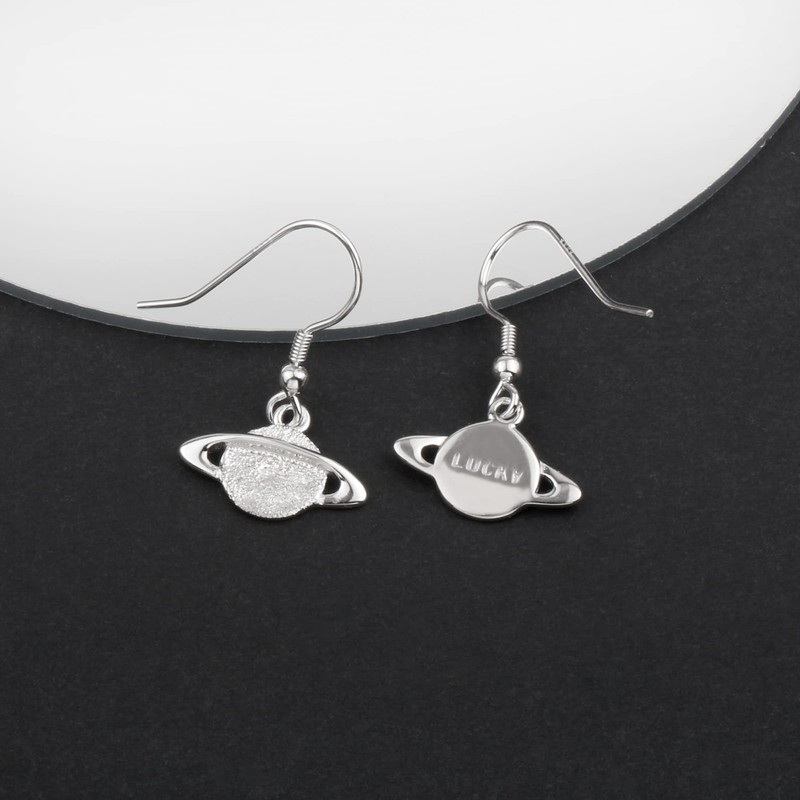 White Gold Plated 925 Sterling Silver Hammered Planet Saturn Earrings