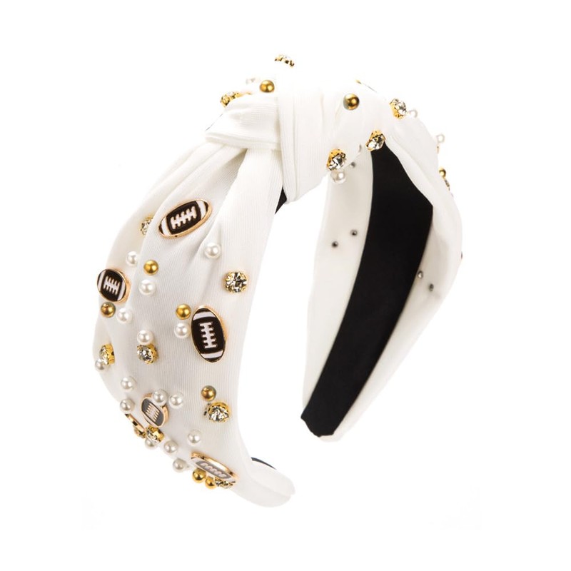 Football Headband Pearl Rhinestone Jeweled Knotted Headband Fun Sports White