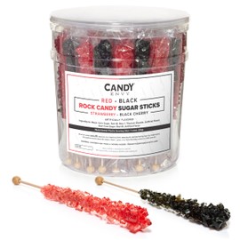 Black and Red Rock Candy Sugar Sticks - 36 Individually Wrapped - Black Cherry & Strawberry Flavored