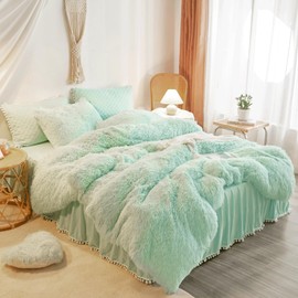 Green Faux Fur Comforter Cover Queen Size，Fluffy Mint Green Faux Fur Comforter Set 1 Pieces(1 Plush Duvet Cover) Faux Fur Bedding Set,Solid Color (Mint Green, Queen)