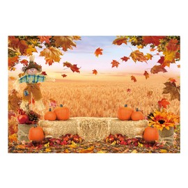 Funnytree 7X5FT Fall Backdrop Autumn Pumpkin Harvest Thanksgiving Hay Maple Leaves Background Baby Shower Birthday Party Decor Portrait Studio Photobooth Photography Props Gift Supplies