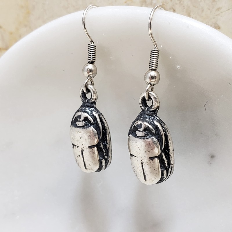 Scarab Earrings - Antique Silver Finish