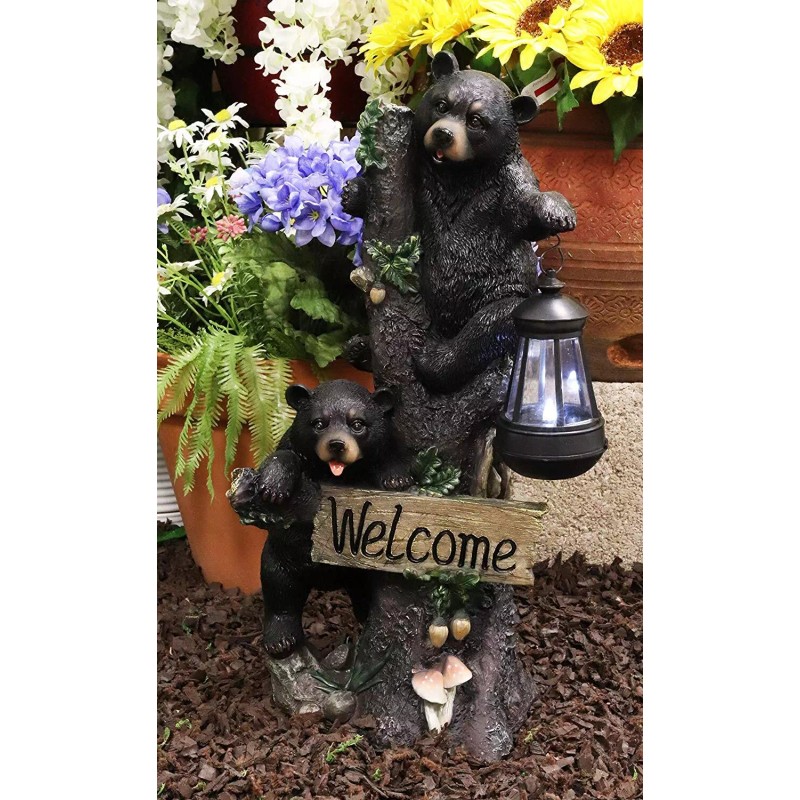 Climbing Black Bear Cubs Garden Light Welcome Statue Figurine Solar