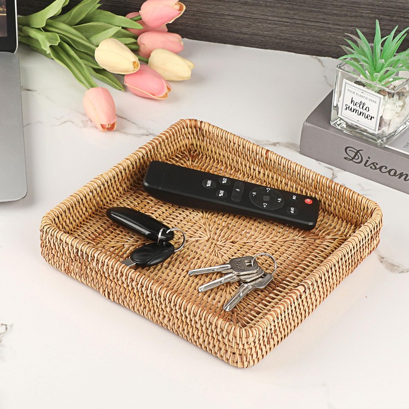 Hipiwe Key Basket Tray for Entryway Table Rattan Serving Tray