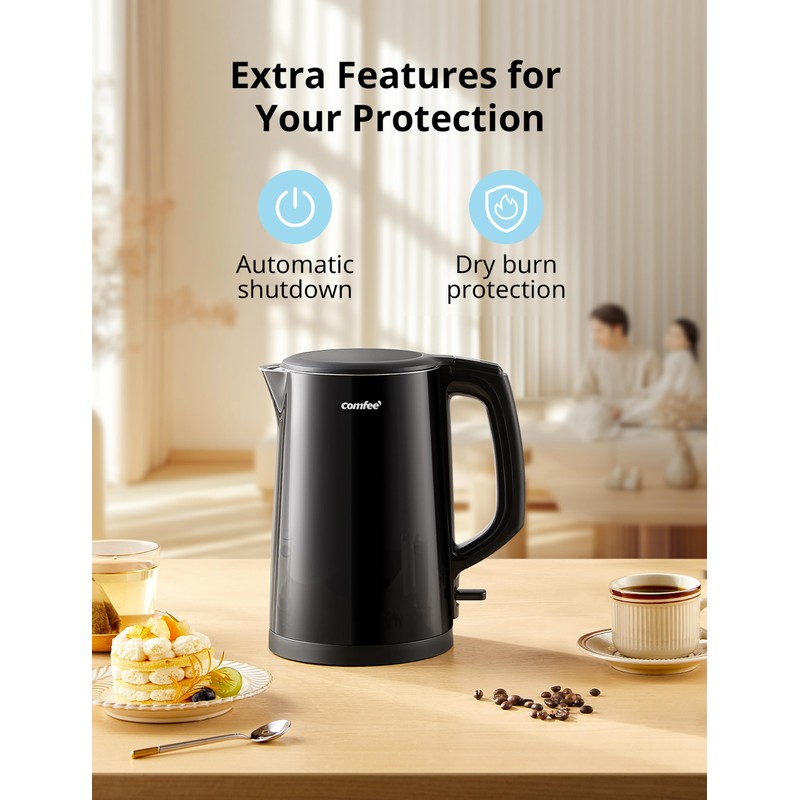 COMFEE' Electric Kettle and Tea Kettle, 1.5L Double Wall, Stainless