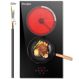 Cooksir 2 Burner Electric Cooktop, 12 inch Electric Stove Top 3000W, Double Burners Ceramic Cook Top with 9 Power Levels, Safety Lock, Timer, Sensor Touch Control, 220-240V Hard Wired (No Plug)