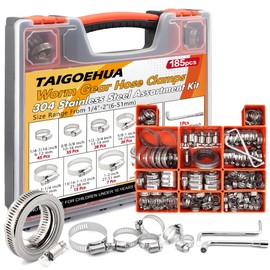185PCS Stainless Steel Hose Clamp Assortment Kit + 10FT Metal Strap, 1/4"-2"(6-51mm) 304 Worm Gear Heavy Duty Clamps, Radiator Clamps for Automotive Fuel Line Plumbing, with 2 Tools & 8 Fasteners