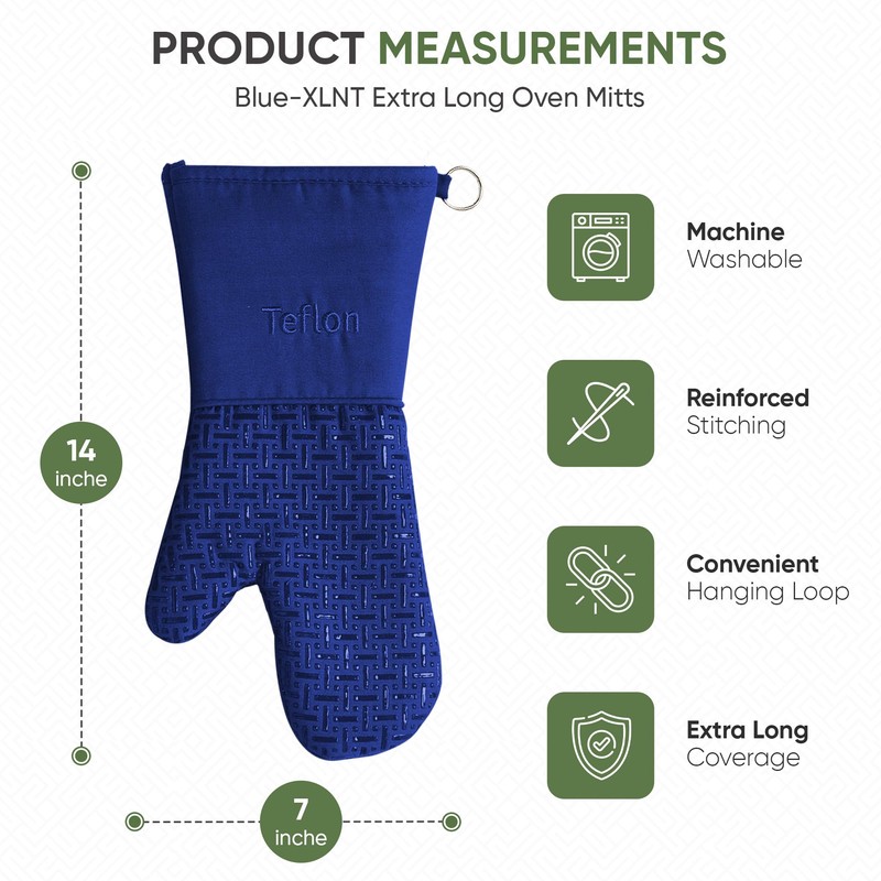 Xlnt Extra Long Oven Mitts (Blue) | Teflon EcoElite Water