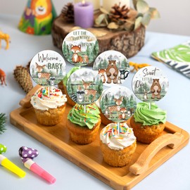Woodland Adventure Baby Shower Decorations 24pcs Let the Adventure Begin Baby Shower Cupcake Toppers for Nature Themed Mountain Forest Animal Adventure Awaits Baby Shower Party Supplies