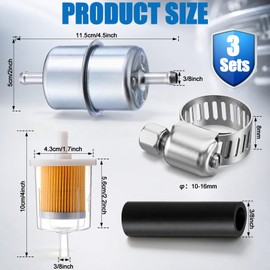 Tallew 3 Sets Universal In-line Fuel Filter Kit with 3/8" Clamp-on Inlet Outlet, Fuel Line Hose, Hose Clamps, Metal and Clear Filter Max Pressure 60 Psi for Lawn Mower, Tractor, Small Engine