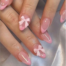 Press on Nails Short Almond MABKJLF Pink French Tip Fake Nails False Nails with Designs Light Pink Bow Charm Full Cover Glossy Glue on Nails Acrylic Nails for Women Girls 24 Pcs