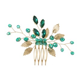 Bridal Hair Comb Emerald Green Crystal Gold Leaf Vine Hair Piece Accessories for Wedding Bride Women Party (Green, One Size)