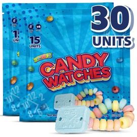 30 Candy Bracelet Watches Party Favors - Pack of 30 Blue Individually Wrapped Candy Bracelets with Colorful Fruit Flavor - Stretchable, Edible, Fruity Flavor Rainbow Candies for Party Favor Supplies