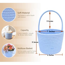 Prudance 6" x 5" Small Cotton Rope Basket with Handle,Blue,Favors Basket