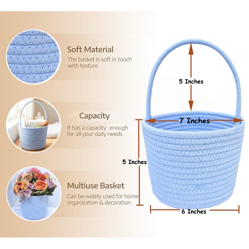 Prudance 6" x 5" Small Cotton Rope Basket with Handle,Blue,Favors