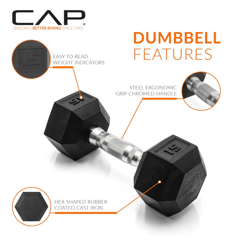 CAP Barbell 15 LB Rubber Coated Hex Dumbbell Hand Weight