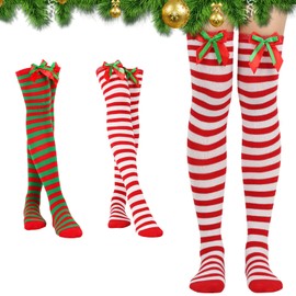2 Pairs Christmas Over Knee Thigh Socks Striped Over The Knee Socks Knee High Sock Women Ladies Long Boot Stocking Leg Warmer High Socks Casual for Xmas Wear (UK, Alpha, One Size, Regular, Regular, C)
