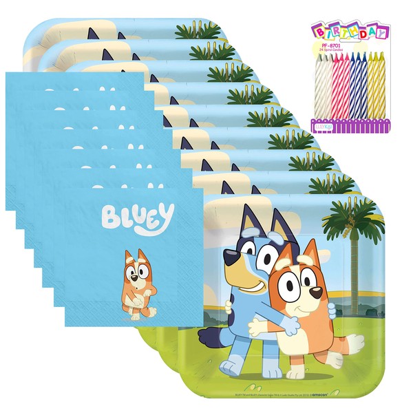 Amscan Bluey Party Supplies Pack Serves 16: Bluey Birthday Party Supplies; Bluey 7" Dessert Plates & Beverage Napkins with Birthday Candles (Bundle for 16)