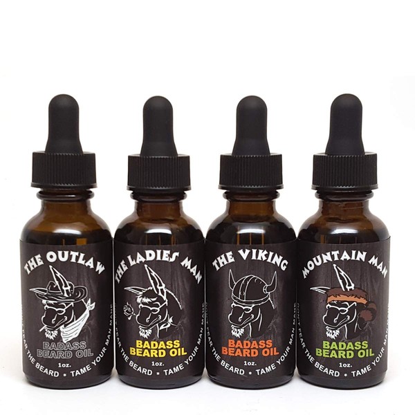 Badass Beard Care's Badass Beard Oil 4 Pack For Men - All Natural Ingredients, Keeps Beard and Mustache Full, Soft and Healthy, Reduce Itchy, Flaky Skin, Promote Healthy Growth