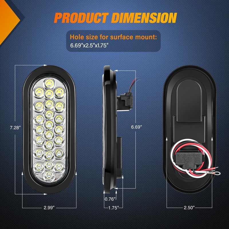 Nilight 6Inch Oval Trailer Tail Light 2PCS White 24LED Back