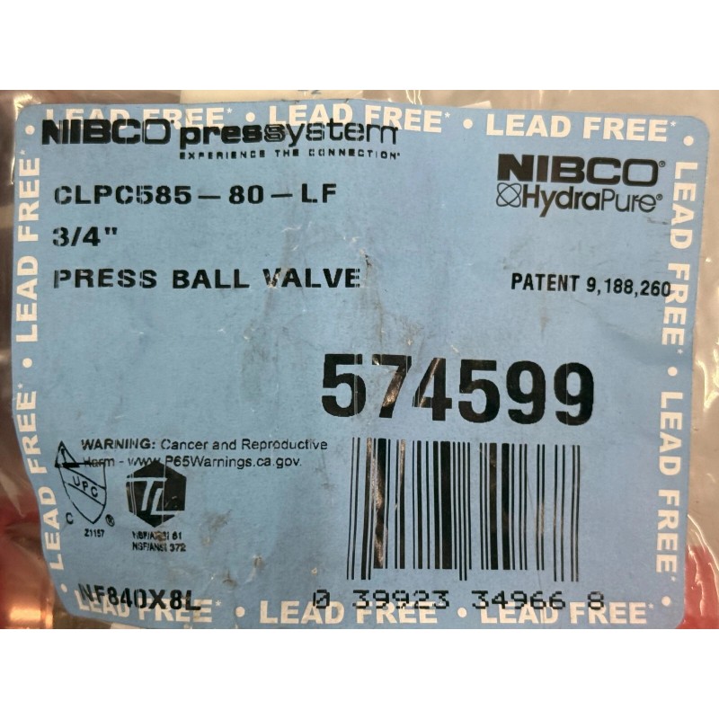 NIBCO HydraPure 3/4" Press Ball Valve (574599) Lead-Free Bronze CLPC585-80-LF