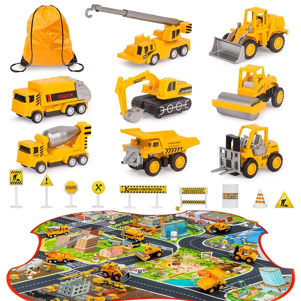 Meland Construction Toy Trucks - 8 Mini Construction Vehicles with Mat(22.7x32.7Inch) & Road Signs, Toddler Boys Toys for Kids Age 3,4,5,6 Year Old Birthday Christmas