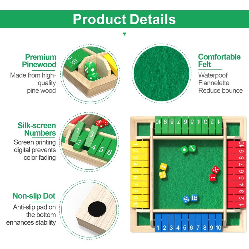 WUAGNCK Shut The Box Game Wooden with Dice, 2-4 Player
