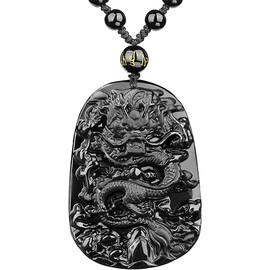 Natural Obsidian Dragon Necklace for Men Black Obsidian Pendant Necklace Talisman Amulet Protection Pendant with Bead Chain Healing Crystal Stone Amulet Protection Pendant Spiritual Jewelry