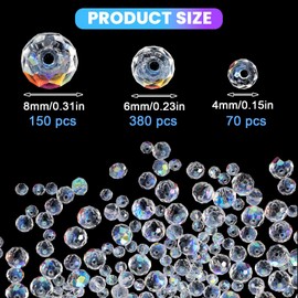 Pack of 600 Beads for Threading, Glass Beads for Threading, Glitter Crystal Beads, Glass Beads for Bracelets, DIY Necklaces, Bracelets, Earrings, Crafts Jewellery Making (4/6/8 mm)