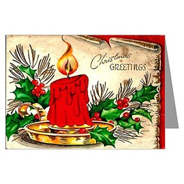 Twelve 3.5x5 Vintage Holiday Note Cards In A Boxed Set Of a Red Christmas Candle In Holly