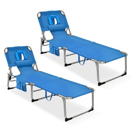 GYMAX Tanning Chair, Beach Lounge Chair with Face Hole, 5 Level Adjustable Backrest, Removable Pillow & Carry Handle, Adult Layout Sunbathing Chair for Outside Beach Poolside Lawn Patio (2, Blue)