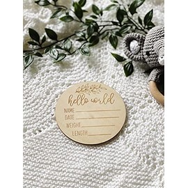 Baby J's - Hello World, Birth Announcement Wooden Disk, Leaf Design - Perfect Baby Shower or Newborn Gift - Can be Used as Flat Lays or Kept as a Keepsake - with Organza Gift Bag - 10cm