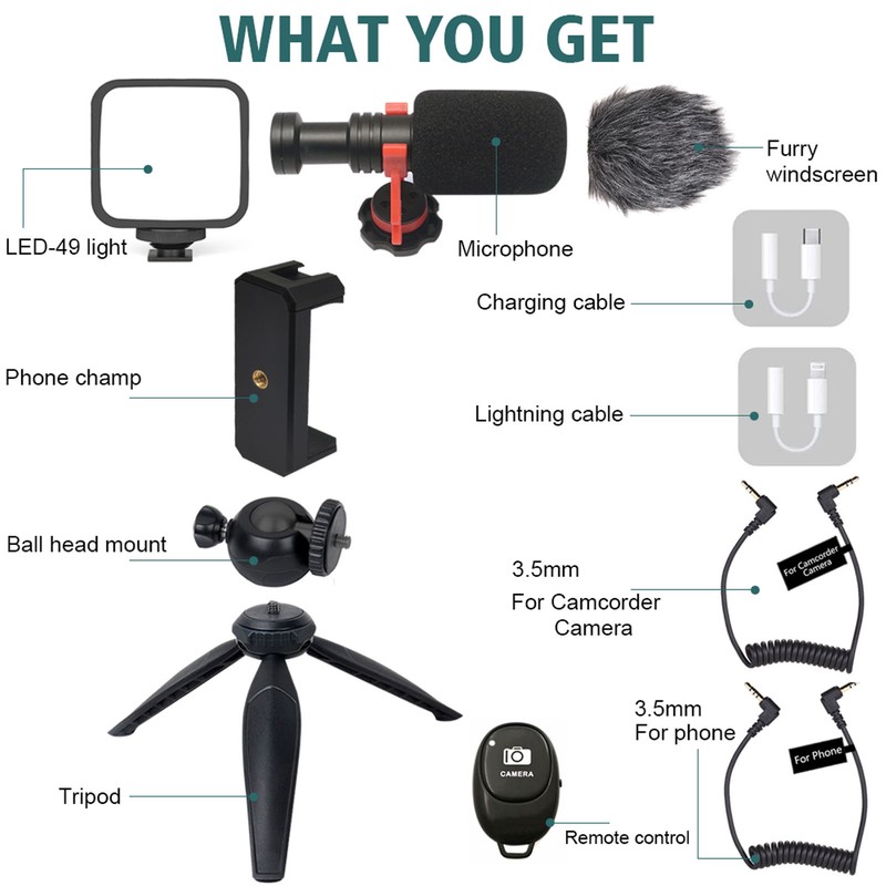 Portable Phone Microphone Vlogging Equipment Microphone Kit with LED Light