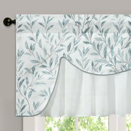 VOGOL Leaves Pattern Farmhouse Valance, Wrinkle Free Faux Linen Overlay Window Treatments for Bathroom, 1 Panel White Sheer Double Layers Rod Pocket Wavy Valances, W 52 x L 18