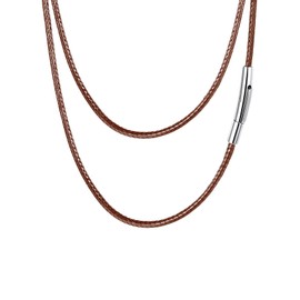 FaithHeart Braided Leather Cord Necklace with Stainless Steel Snap Clasp, 3mm Men DIY Woven Wax Rope Chain for Pendant, 30 Inches Brown