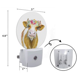 Axayaz Brown White Cow Dusk to Dawn Round Night Light Farm Animal with Flower Wreath Auto Sensor Lamp Home Indoor Stairway Kitchen Corridor
