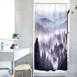 Riyidecor Stall Half Small Rv Shower Curtain 36Wx72H Inch Purple Mountain Camp Narrow Scenery Nature Woodland Pine Tree Bathroom Decor Fabric Polyester Waterproof 7 Pack Hooks