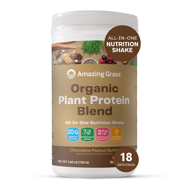 Amazing Grass Organic Plant Protein Blend: Vegan Protein Powder, New Protein Superfood Formula, All-In-One Nutrition Shake With Beet Root, Original, 18 Servings (Chocolate Peanut Butter)