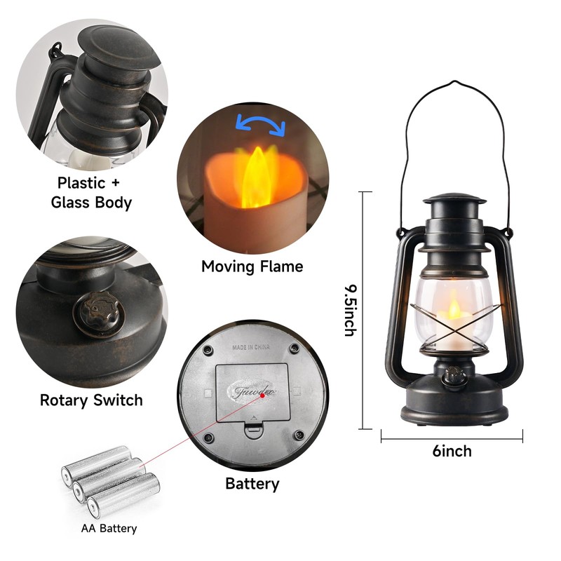 FUWDEO 2-Pack Vintage LED Lanterns with Moving Flame Flickering- 9.5"