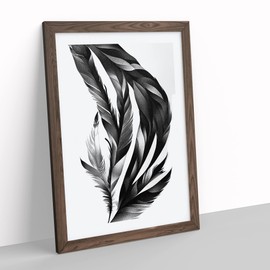Monochrome Feathers No.2 Framed Print for Living Room Bedroom Home Office Décor, Wall Art Picture Ready to Hang, Walnut A4 Frame (34 x 25 cm)
