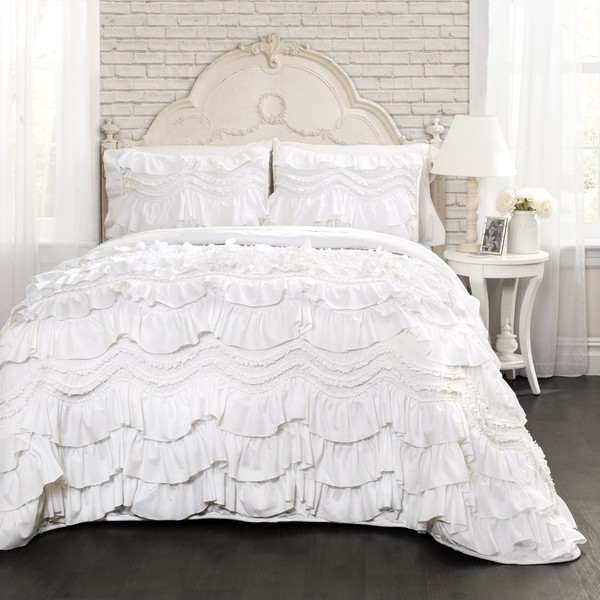 Lush Decor Kemmy Quilt Ruffled Textured 3 Piece Full Queen Size Bedding Set, White