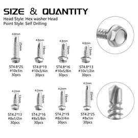 WMYCONGCONG 240 Pieces Stainless Steel #8#10 Hexagonal Washer Head Self Drilling Sheet Metal Tek Screws Assorted Kit