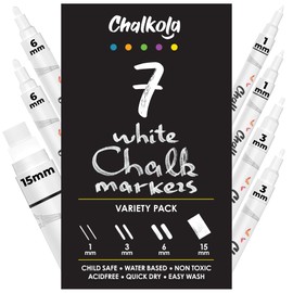 Chalkola 7 White Chalk Markers for Blackboard, Chalkboard Signs, Car Window, Bistro, Glass | Washable Fine Tip, Bold & Jumbo Size Dry Erase Liquid Chalk Pens Erasable (1mm, 3mm, 6mm, 15mm)