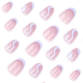 Purple Press on Nails Short Round Fake Nails French Tip Glue on Nails Cute Star Stick on Nails Glossy False Nails with Curve Stripes Designs Full Cover Artificial Nails for Women Girls 24PCS