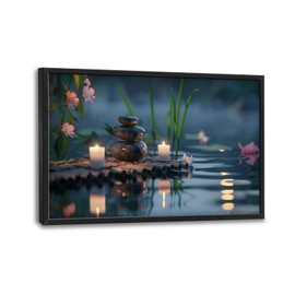 Large Zen Wall Art Spa Stone Pictures Canvas Wall Decor Lotus And Bamboo Yoga Painting Meditation Peaceful Home Modern Artwork Decorations Framed for Bathroom Bedroom Living Room Office 36x24 inch
