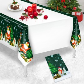 ELECLAND Christmas Tablecloth Plastic Green Christmas Table Cover Christmas Trees Snowman with Santa Clause Tablecloth 137cmx274cm Winter Snowflake Table Cover for Christmas Party Decorations