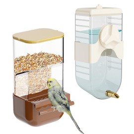Bird Feeder Water Dispenser Set, Automatic Cage Feeder with Perch for Parakeet, Canary, Cockatiel, Finch, Budgie (Brown)