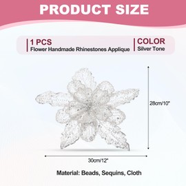 PATIKIL Handmade Rhinestones Applique, Flower Lace Patches with Sequin Beads Sew on Crystal Beaded Lace Applique for Wedding Dresses DIY Clothes Craft, Silver Tone