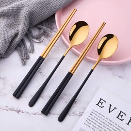 Reusable Korean Chopstick and Spoon Set, Long Handle Stainless Steel Spoon and Chopsticks Set, 4 Sets Metal Chopsticks Dishwasher Safe, Black Gold.