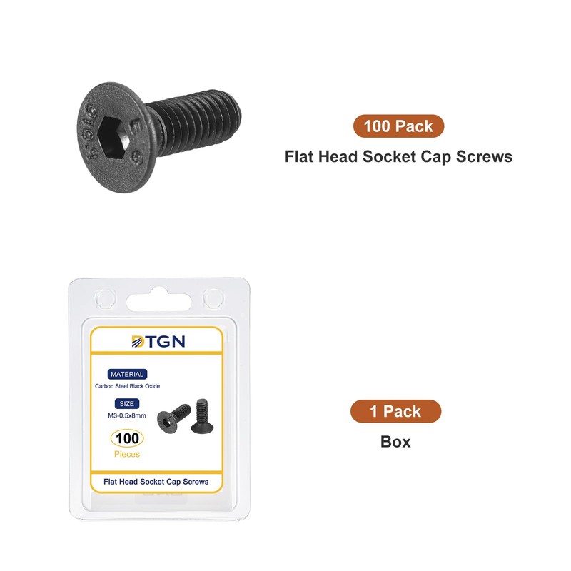 DTGN M3-0.5x8mm Flat Head Socket Cap Screws, 100 Pack Hex